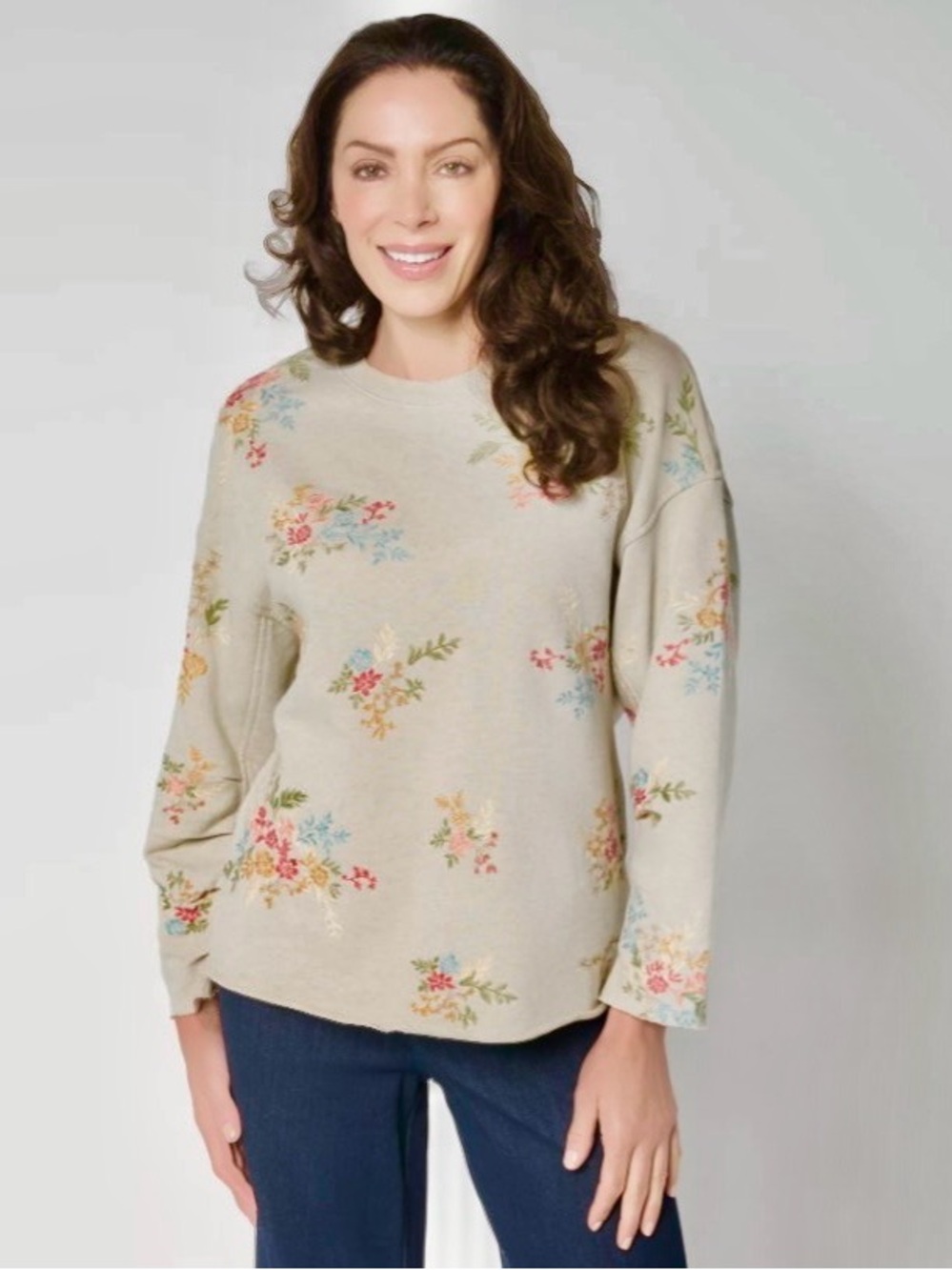 Driftwood Jeans French Terry Gathered Sleeve Floral Pullover Sweatshirt - Tan
